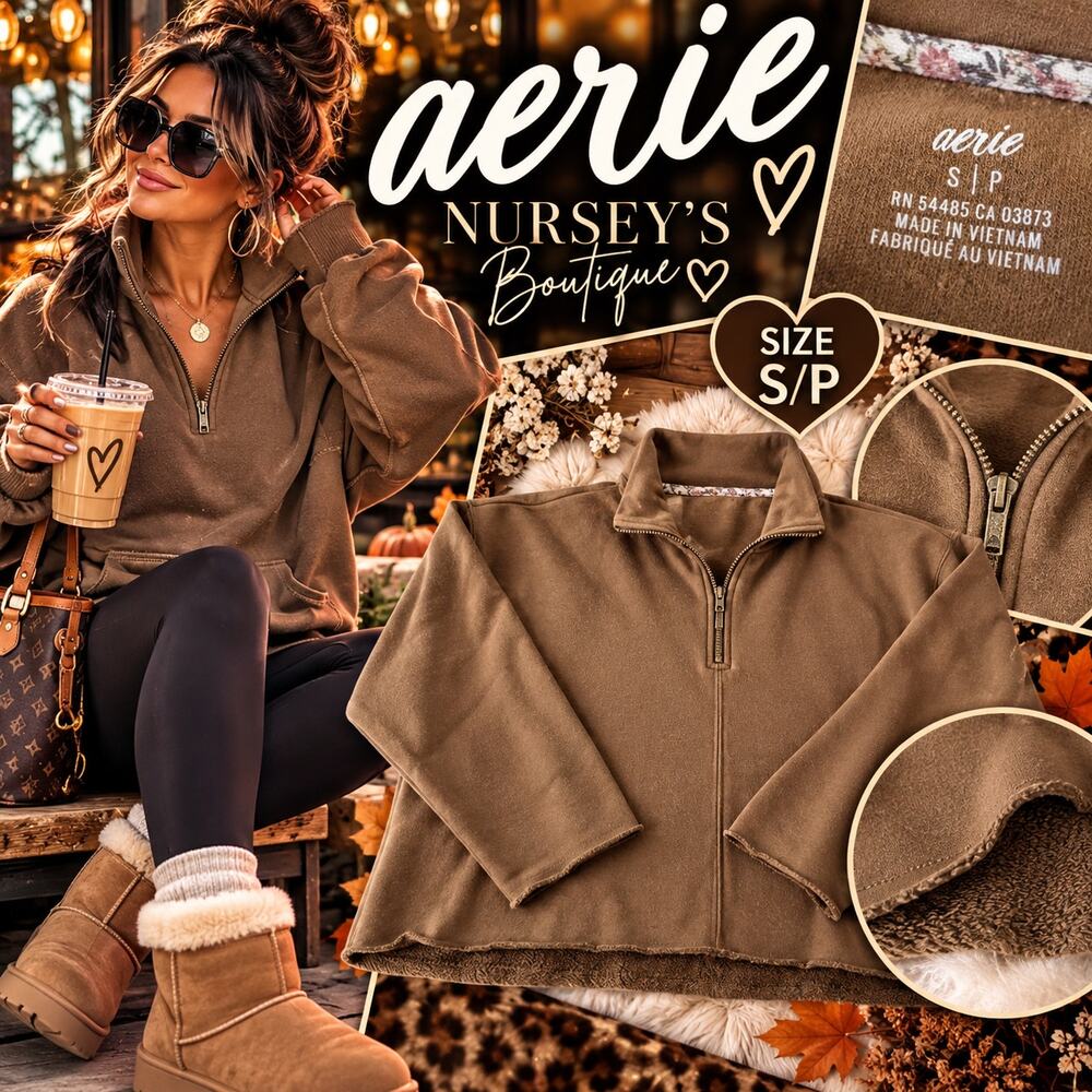 Aerie Brown Oversized Quarter Zip Sweatshirt S Raw Hem Boxy Cozy Pullover
